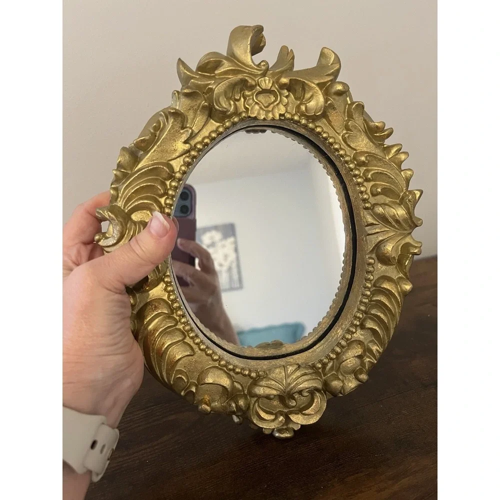 Vintage Hollywood Regency Gold Gilt Ornate Oval Wall Mirror Rococo 11x9 Decor